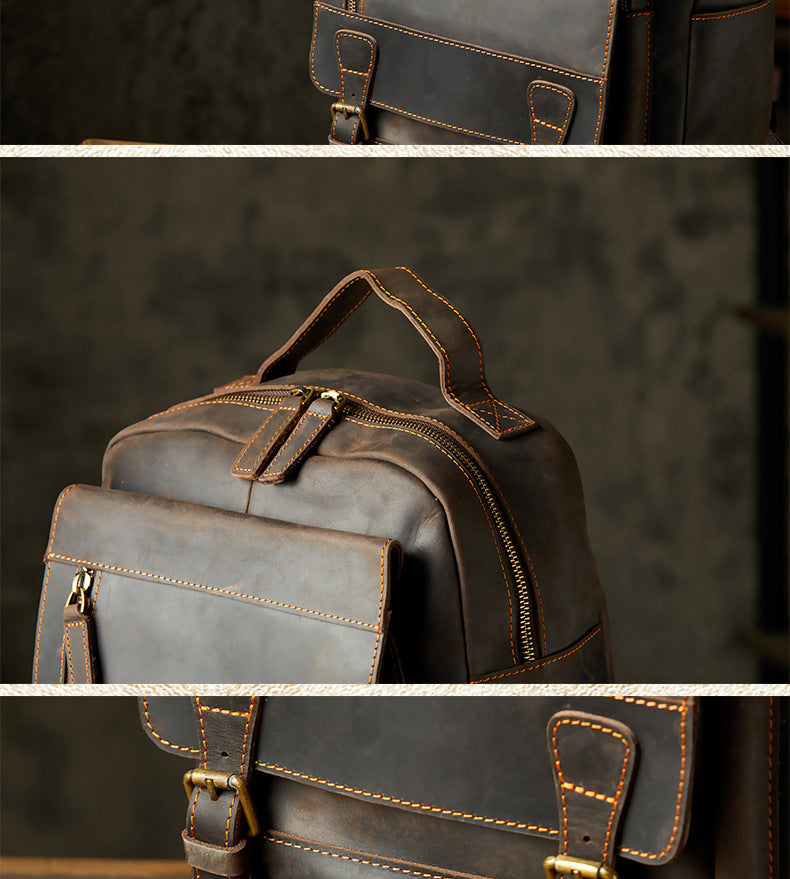Men's Rucksack Handmade Crazy Horse Cowhide Genuine Leather Retro Outdoor Travel Bag Fashion Unique Men's Bag
