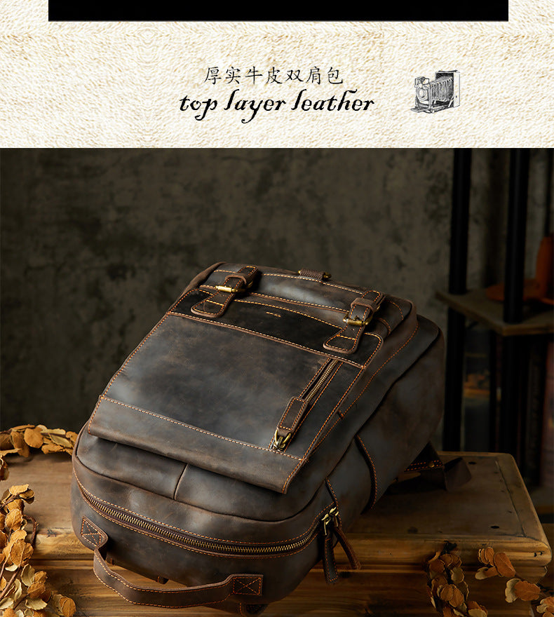 Men's Rucksack Handmade Crazy Horse Cowhide Genuine Leather Retro Outdoor Travel Bag Fashion Unique Men's Bag