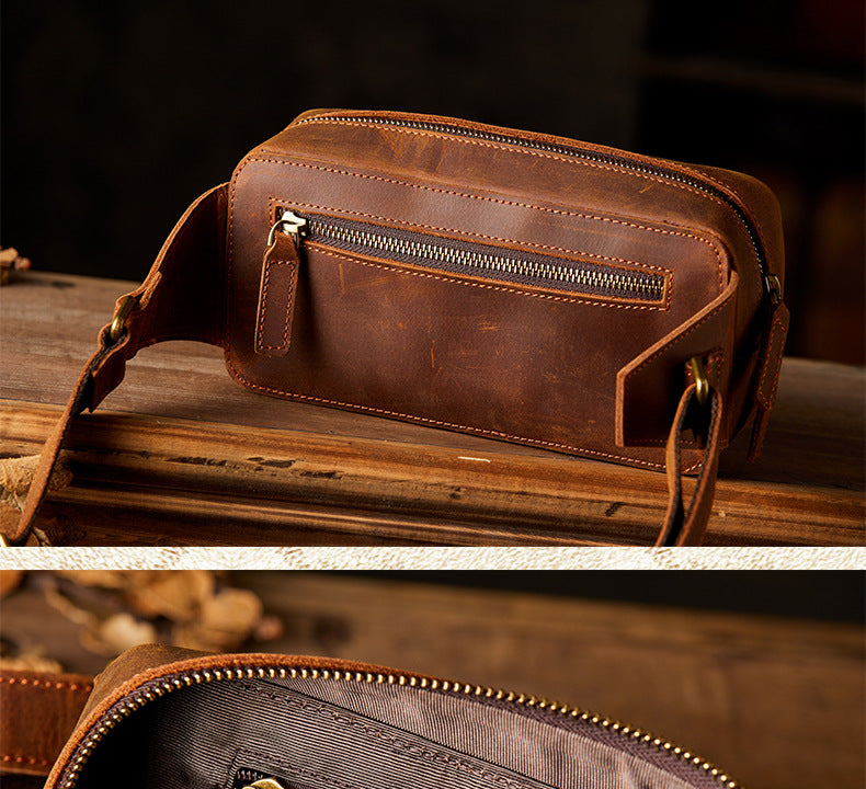 Men's Bust Bag Handmade Original Cowhide Genuine Leather Unique Retro Crossbody Bag Shoulder Bag Men's Mobile Phone Bag