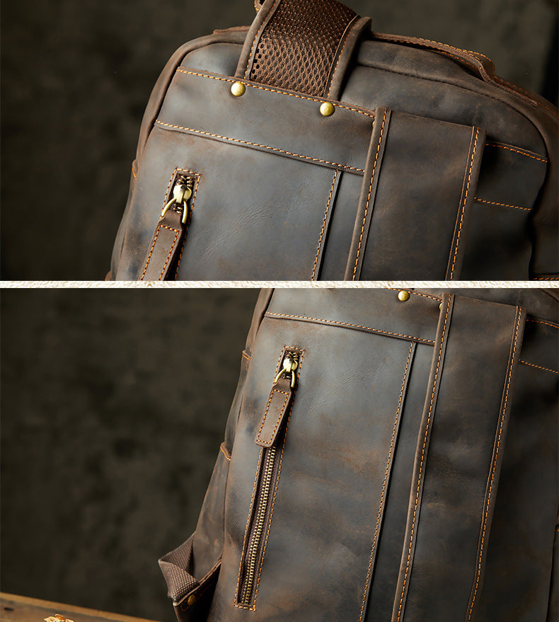 Men's Rucksack Handmade Crazy Horse Cowhide Genuine Leather Retro Outdoor Travel Bag Fashion Unique Men's Bag