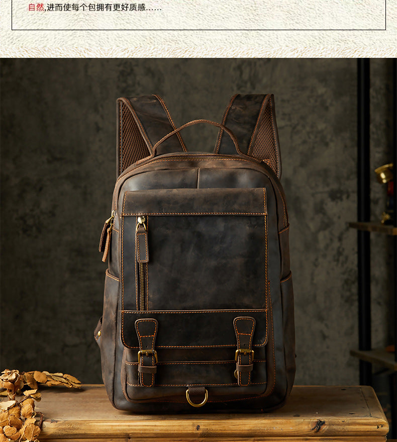 Men's Rucksack Handmade Crazy Horse Cowhide Genuine Leather Retro Outdoor Travel Bag Fashion Unique Men's Bag