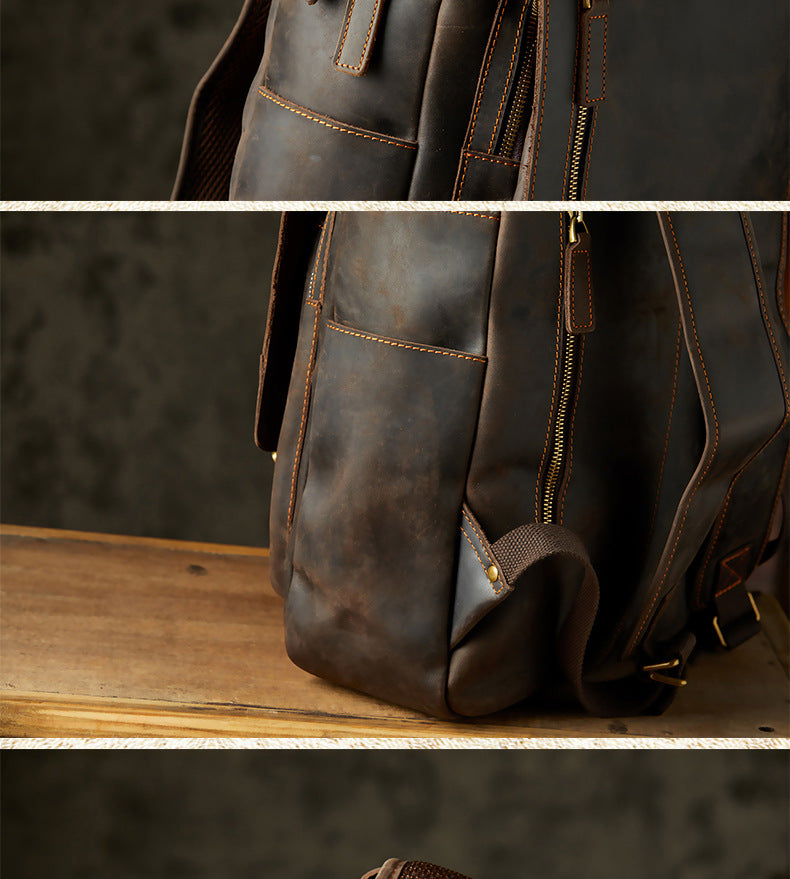 Men's Rucksack Handmade Crazy Horse Cowhide Genuine Leather Retro Outdoor Travel Bag Fashion Unique Men's Bag