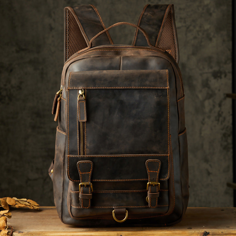 Men's Rucksack Handmade Crazy Horse Cowhide Genuine Leather Retro Outdoor Travel Bag Fashion Unique Men's Bag