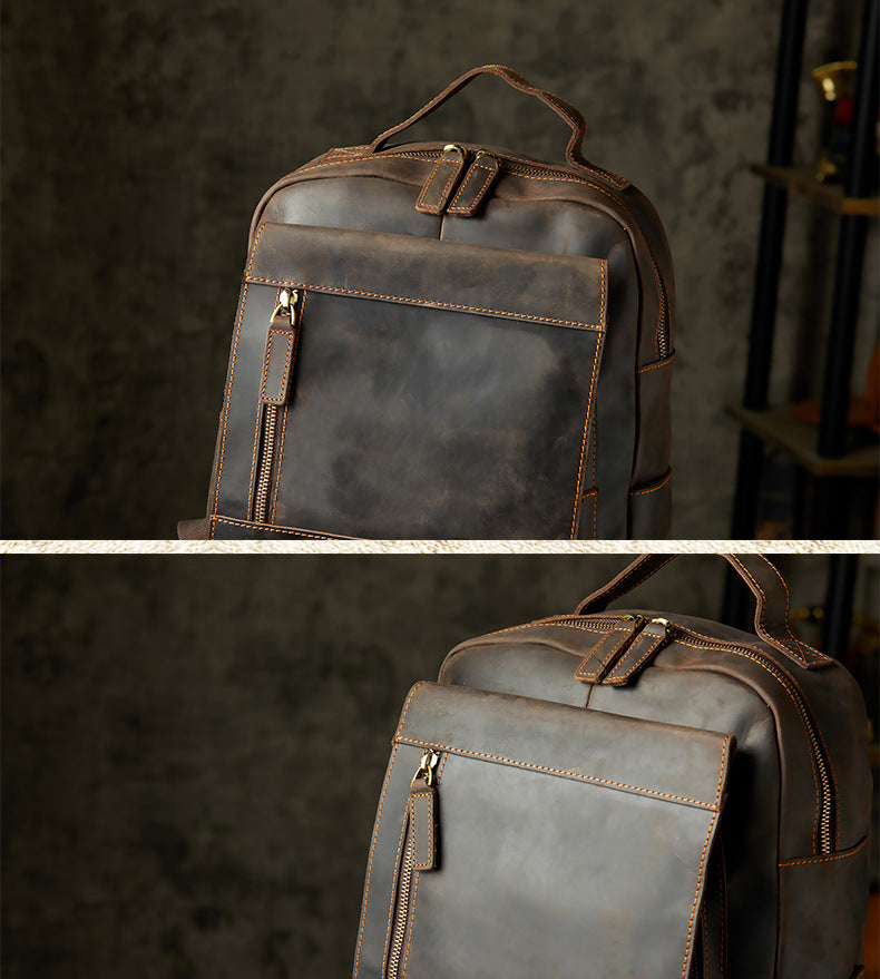 Men's Rucksack Handmade Crazy Horse Cowhide Genuine Leather Retro Outdoor Travel Bag Fashion Unique Men's Bag