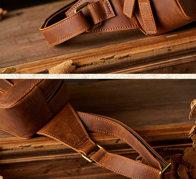 Men's Bust Bag Handmade Original Cowhide Genuine Leather Unique Retro Crossbody Bag Shoulder Bag Men's Mobile Phone Bag