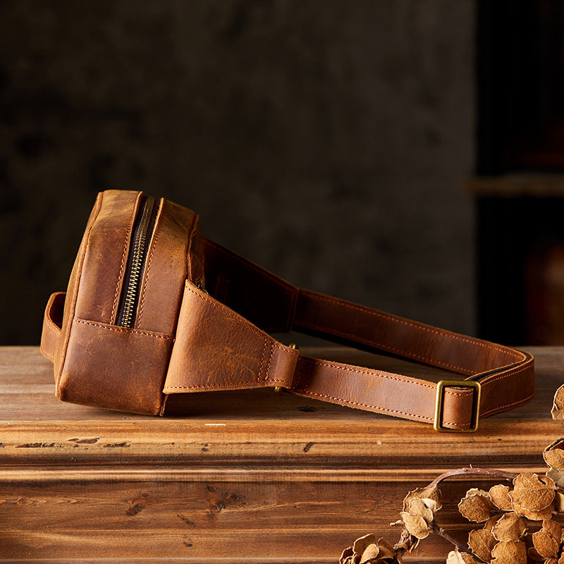 Men's Bust Bag Handmade Original Cowhide Genuine Leather Unique Retro Crossbody Bag Shoulder Bag Men's Mobile Phone Bag