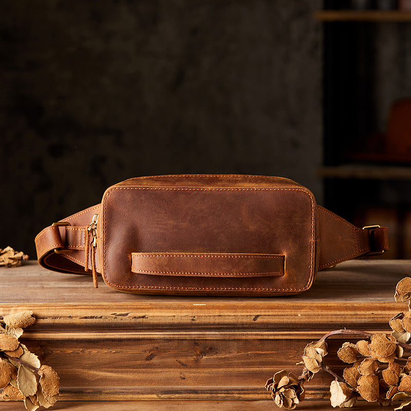 Men's Bust Bag Handmade Original Cowhide Genuine Leather Unique Retro Crossbody Bag Shoulder Bag Men's Mobile Phone Bag