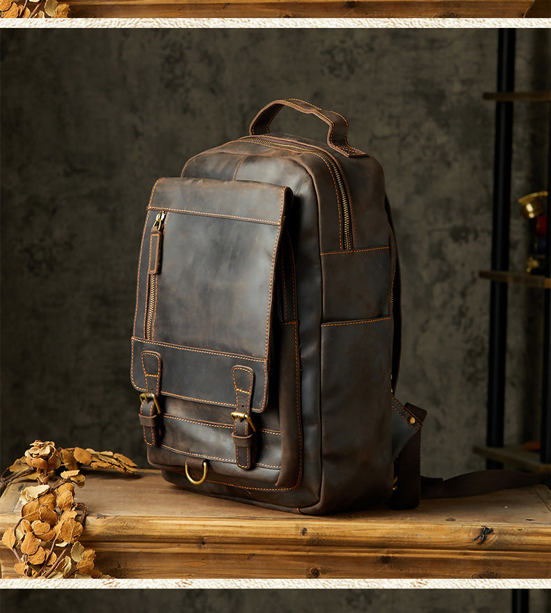 Men's Rucksack Handmade Crazy Horse Cowhide Genuine Leather Retro Outdoor Travel Bag Fashion Unique Men's Bag