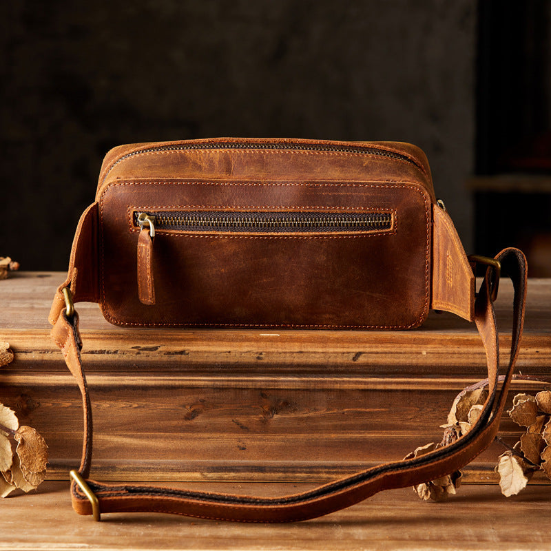 Men's Bust Bag Handmade Original Cowhide Genuine Leather Unique Retro Crossbody Bag Shoulder Bag Men's Mobile Phone Bag