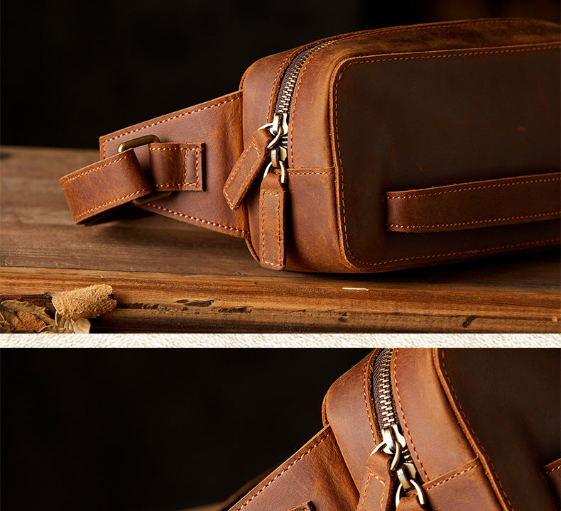 Men's Bust Bag Handmade Original Cowhide Genuine Leather Unique Retro Crossbody Bag Shoulder Bag Men's Mobile Phone Bag