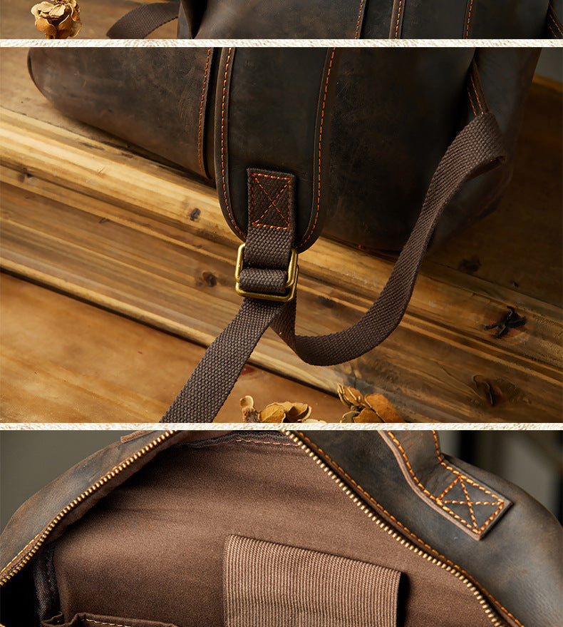 Men's Rucksack Handmade Crazy Horse Cowhide Genuine Leather Retro Outdoor Travel Bag Fashion Unique Men's Bag