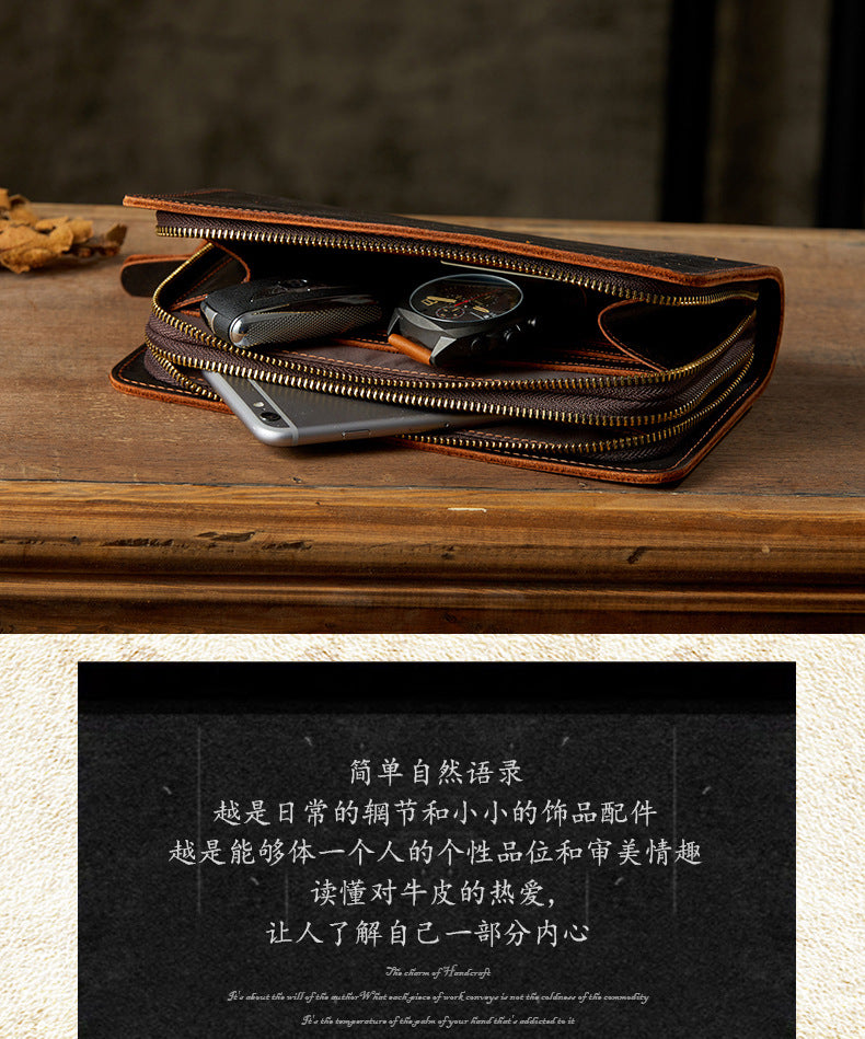 メンズ財布 手作業 牛皮本革製 质感 クレイジー・ホース ダブルファスナー クラッチバッグ カジュアル男性用ウォレット