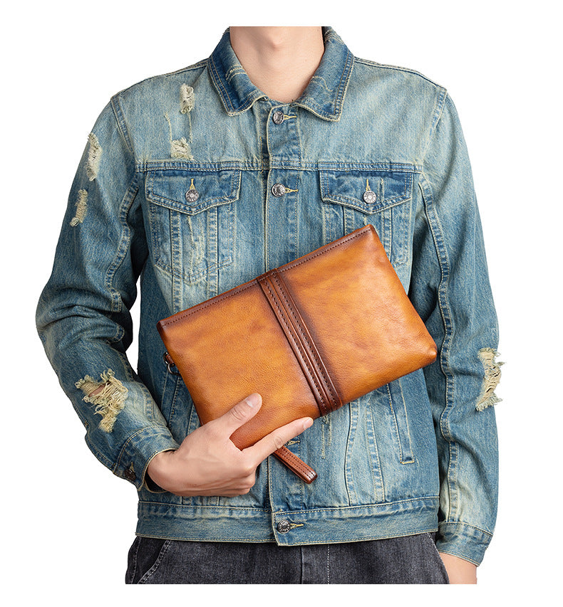 Men's Clutch Bag Genuine Cowhide Leather Retro Casual Men's Handbag