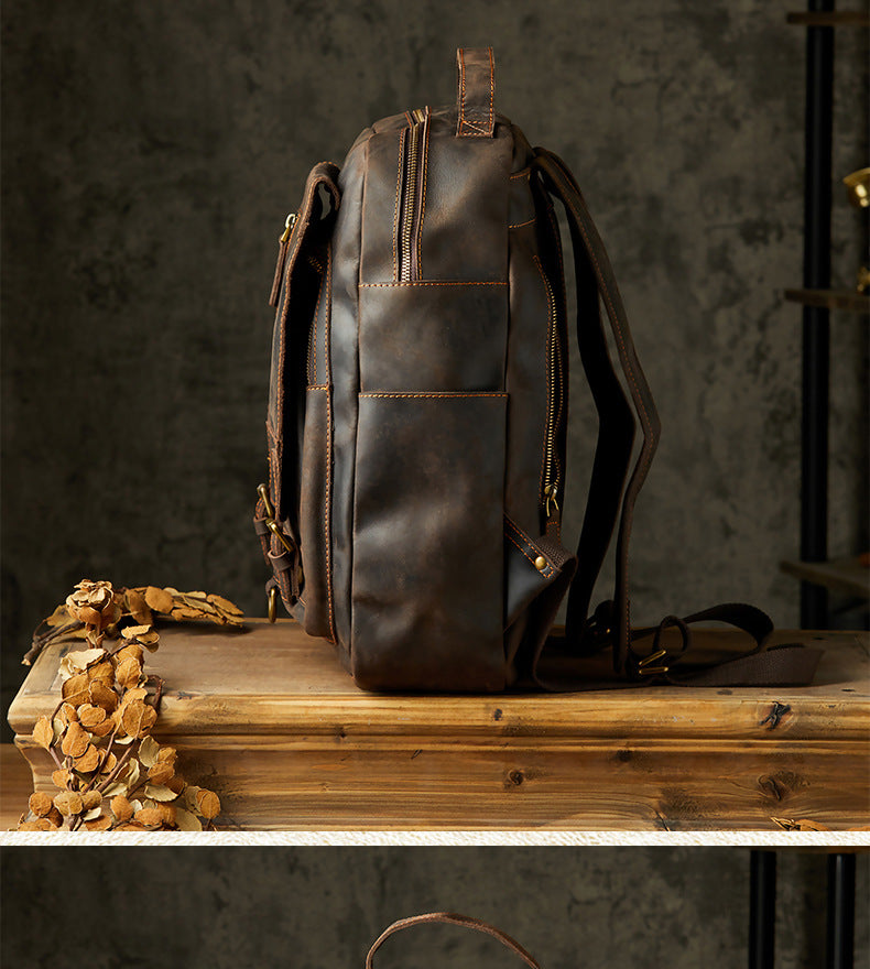 Men's Rucksack Handmade Crazy Horse Cowhide Genuine Leather Retro Outdoor Travel Bag Fashion Unique Men's Bag