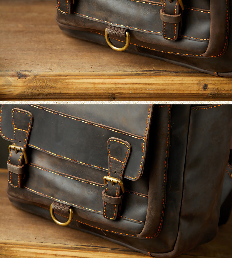 Men's Rucksack Handmade Crazy Horse Cowhide Genuine Leather Retro Outdoor Travel Bag Fashion Unique Men's Bag