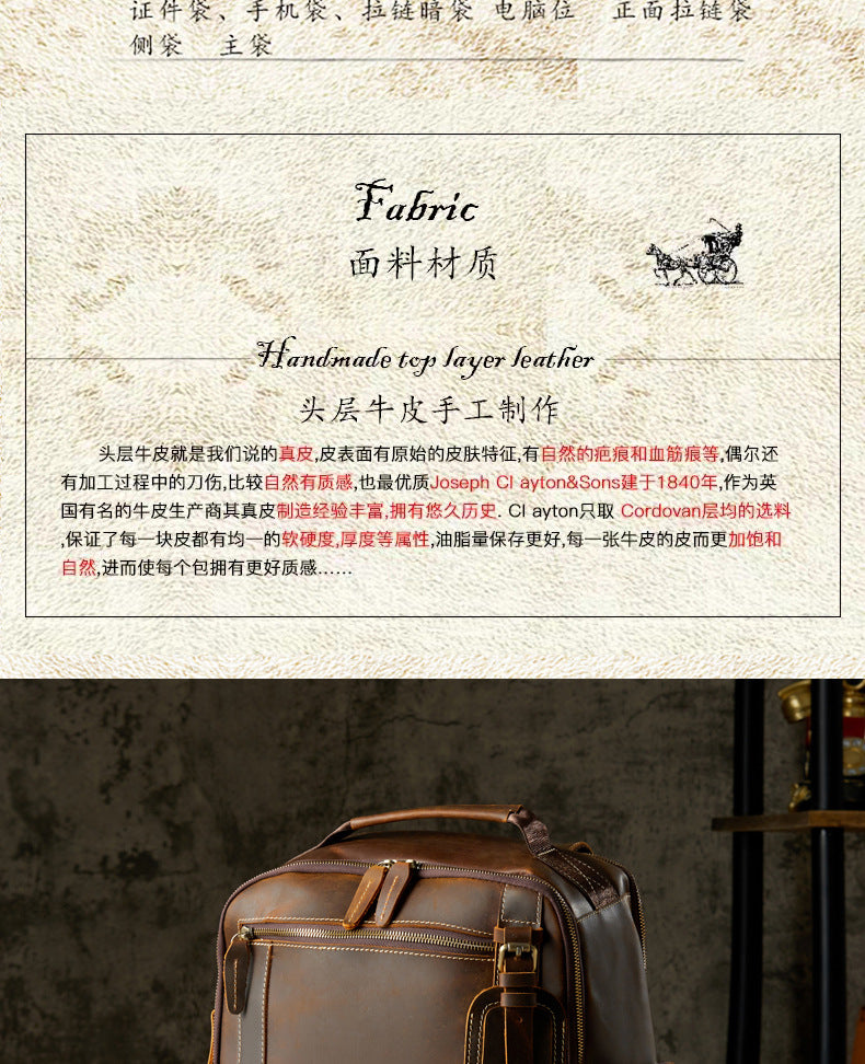 Men's Rucksack Handmade Cowhide Crazy Horse Retro Travel Luggage Computer Bag for Men