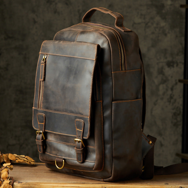Men's Rucksack Handmade Crazy Horse Cowhide Genuine Leather Retro Outdoor Travel Bag Fashion Unique Men's Bag