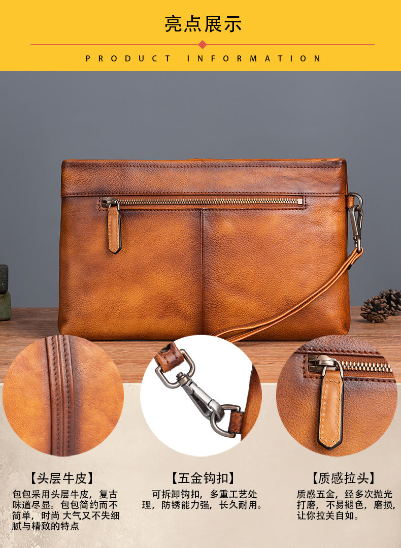 Men's Clutch Bag Genuine Cowhide Leather Retro Casual Men's Handbag
