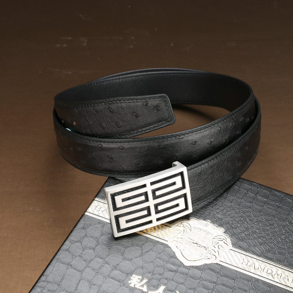 南アフリカ ダチョウの皮 本革 メンズベルトつなぎ合わせなし平滑バックル高級感紳士ベルト