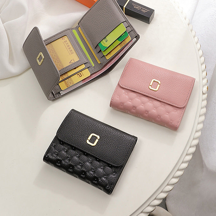 Short Length Ladies Cowhide Check Wallet Fashion Multifunctional Wallet Trifold Wallet