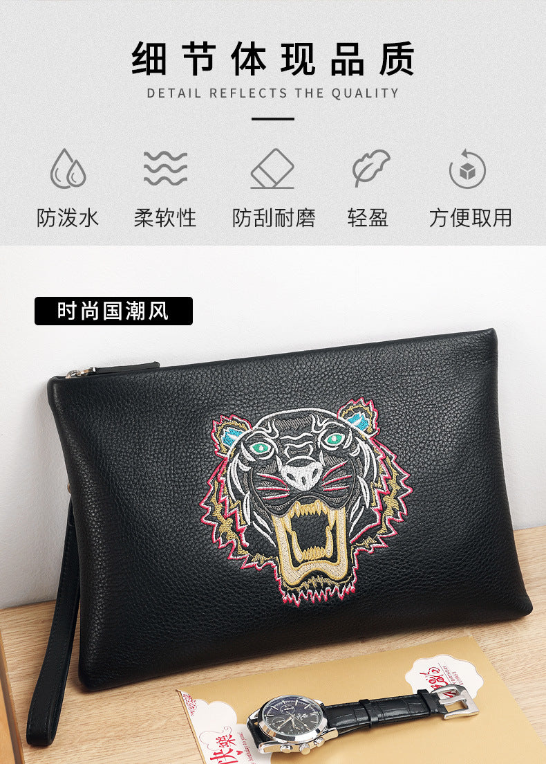 メンズクラッチバッグ 牛皮本革製 カジュアルファッション 虎の頭刺繍 男性用ハンドバッグ