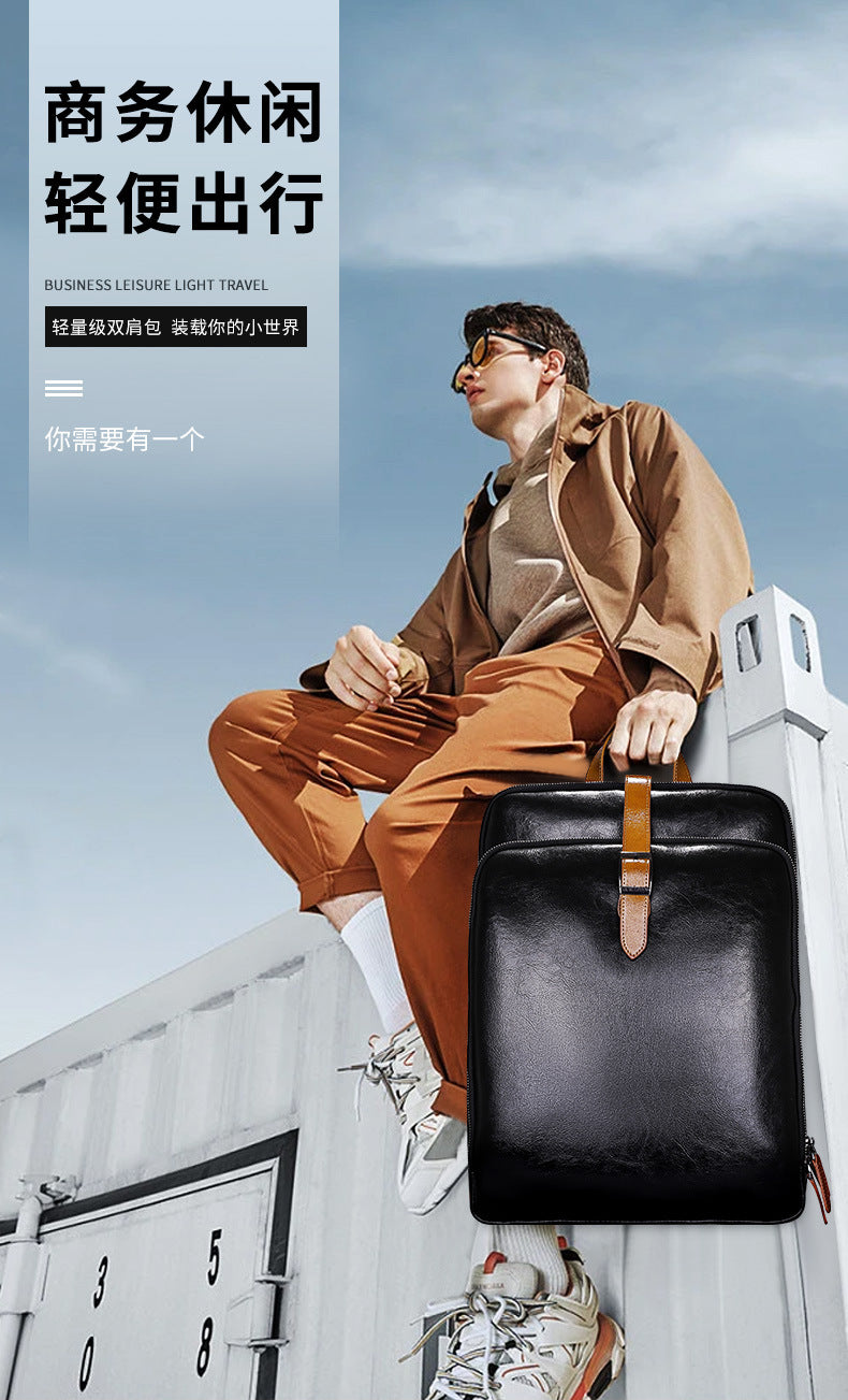 Men's backpack, cowhide, genuine leather, business casual, laptop double shoulder backpack, student bag, men's travel backpack