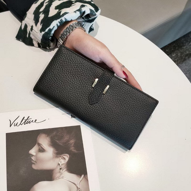 Simple Ladies Cowhide Handbag Lychee Pattern Fashion Long Bifold Wallet Genuine Leather Wallet