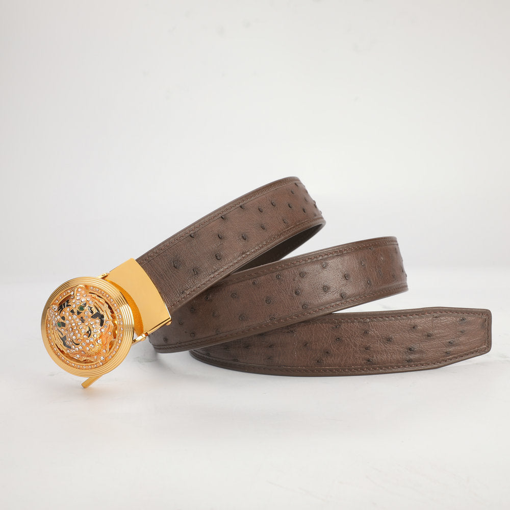 New Ostrich Skin Genuine Leather Men's Belt Automatic Buckle Tiger Head Fashion Business Casual Belt