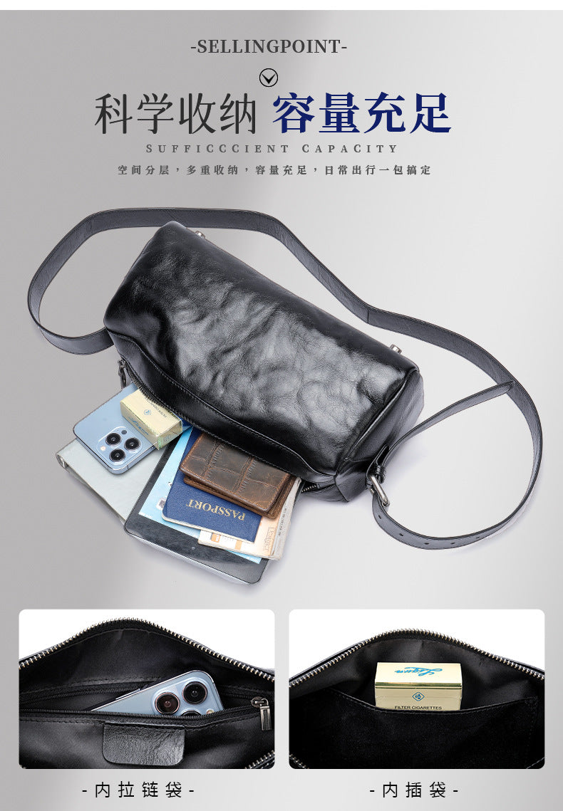 Men's Shoulder Bag Made of Genuine Cowskin Leather with Hand-held Crest High Quality Luxury Fashion Crossbody Bag for Men