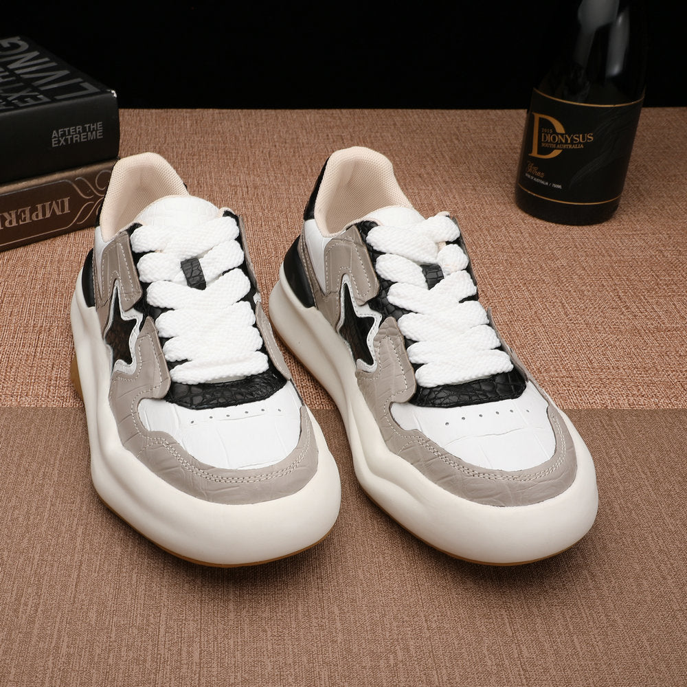 Men's Crocodile Belly Skin Casual Shoes, Genuine Leather, Fashion, Thick Sole, Anti-Slip Sneakers, Men's Sports Shoes