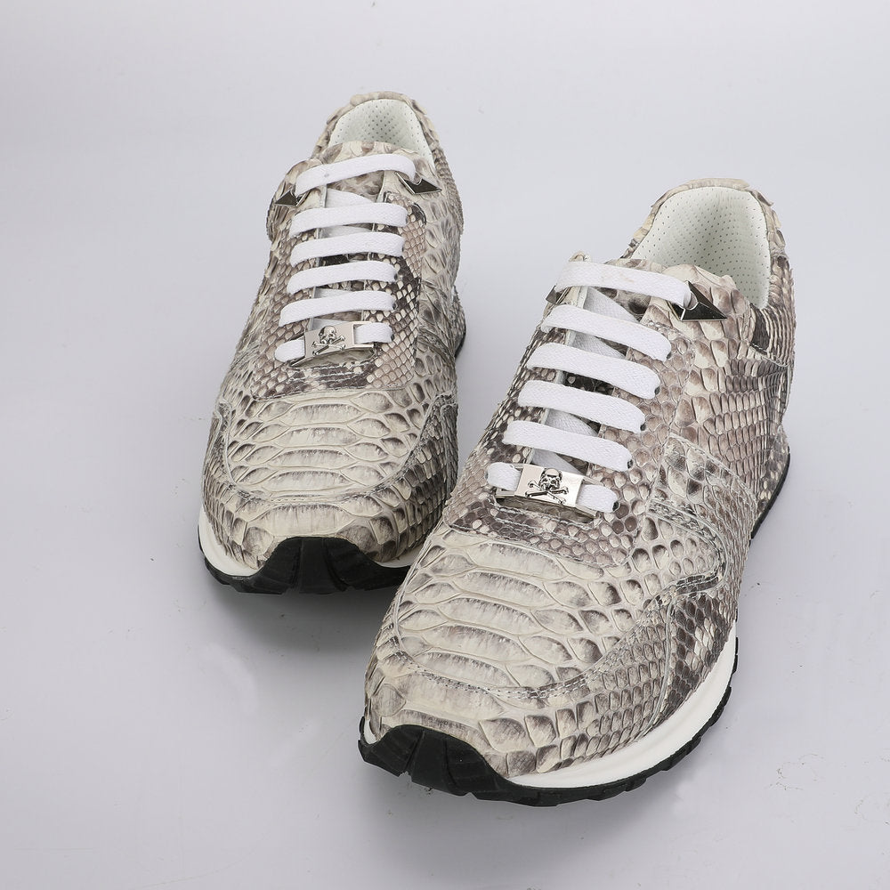 ニシキヘビ皮 本革 メンズスニーカー スポーツカジュアルシューズ 耐摩耗通気男性靴