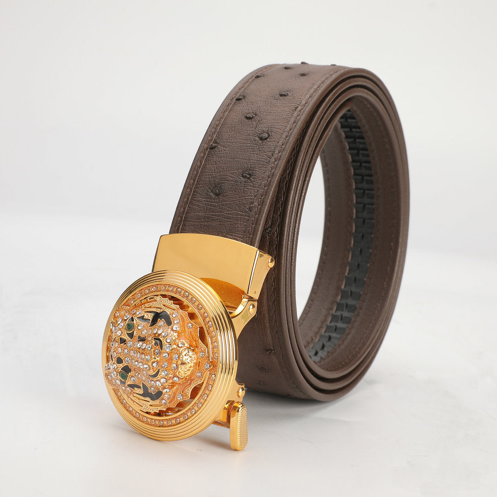 New Ostrich Skin Genuine Leather Men's Belt Automatic Buckle Tiger Head Fashion Business Casual Belt
