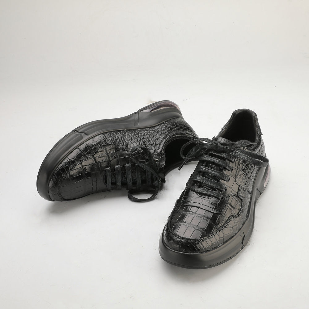 ワニ腹の皮 本革製 メンズカジュアルシューズ ゴム厚底 運動靴 エアクッション制震スニーカー