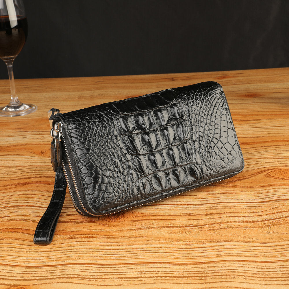 シャムワニ皮 メンズ長財布 ダブルファスナー カードバッグ 本革ウォレット ハンドバッグ