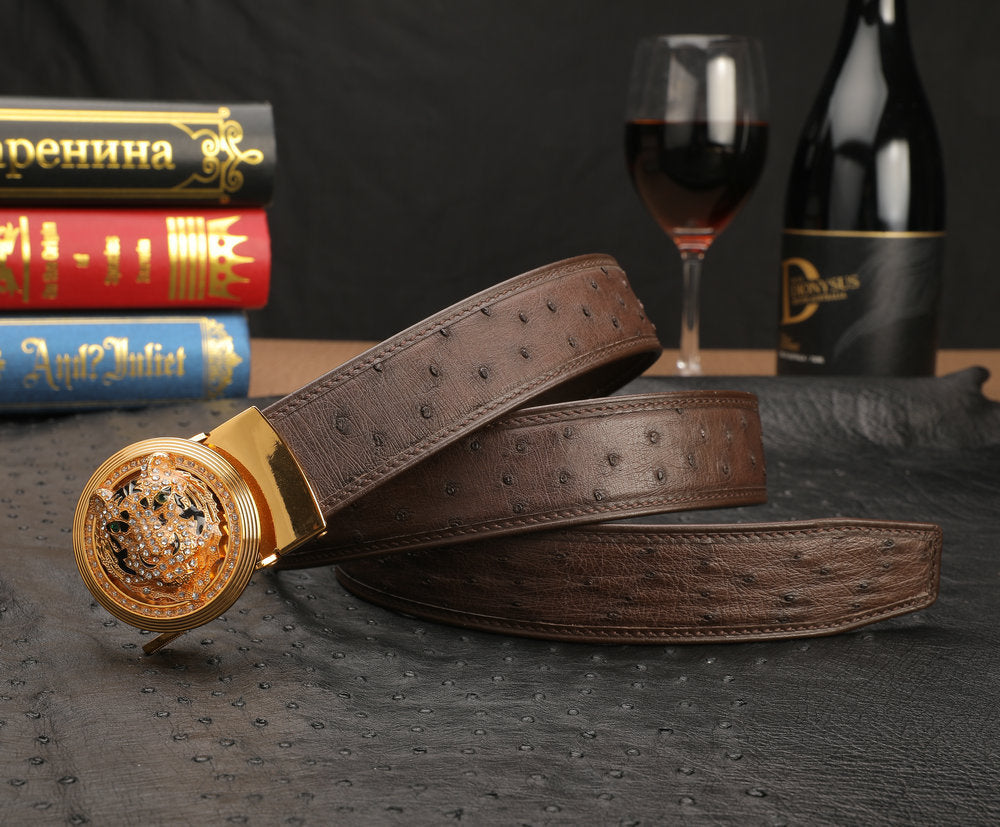New Ostrich Skin Genuine Leather Men's Belt Automatic Buckle Tiger Head Fashion Business Casual Belt