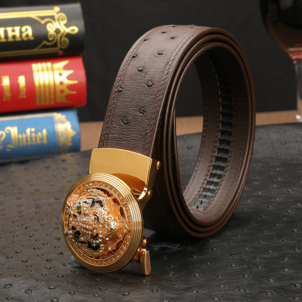 New Ostrich Skin Genuine Leather Men's Belt Automatic Buckle Tiger Head Fashion Business Casual Belt