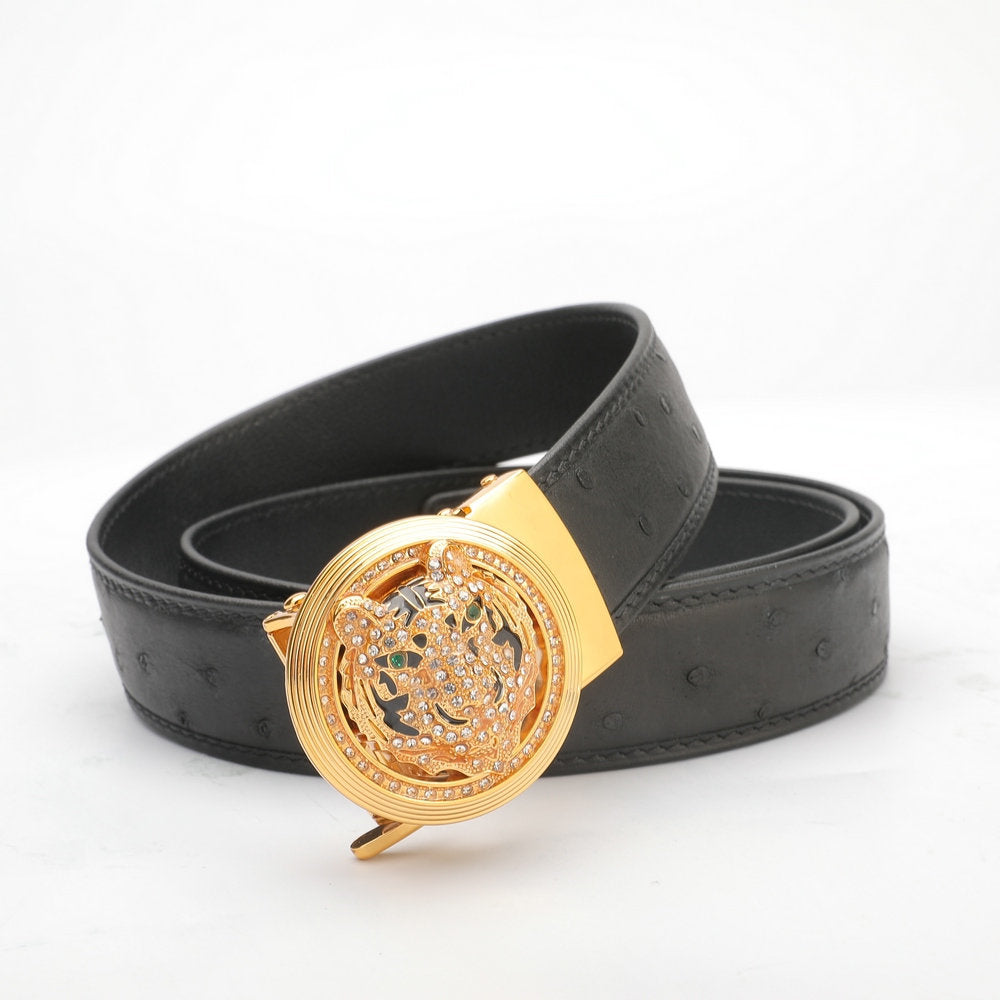 New Ostrich Skin Genuine Leather Men's Belt Automatic Buckle Tiger Head Fashion Business Casual Belt