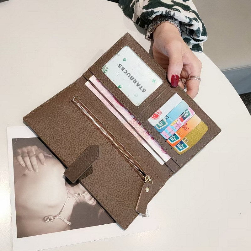 Simple Ladies Cowhide Handbag Lychee Pattern Fashion Long Bifold Wallet Genuine Leather Wallet