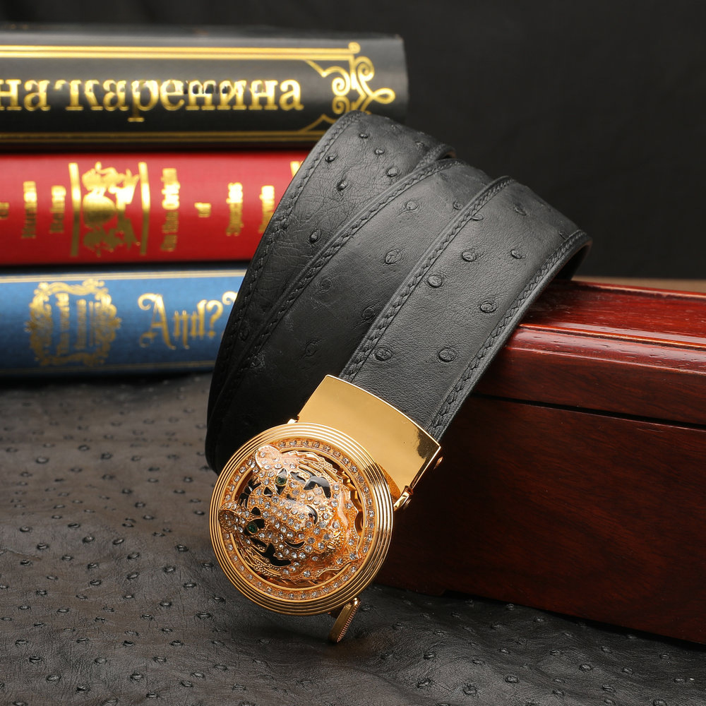 New Ostrich Skin Genuine Leather Men's Belt Automatic Buckle Tiger Head Fashion Business Casual Belt