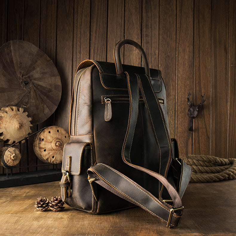 メンズリュック牛革レトロ韩国ファッション個性戸外旅行カジュアル男性パソコンバッグ