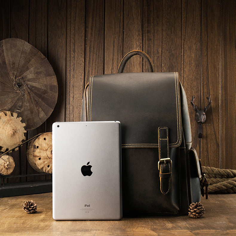 メンズリュック牛革レトロ韩国ファッション個性戸外旅行カジュアル男性パソコンバッグ