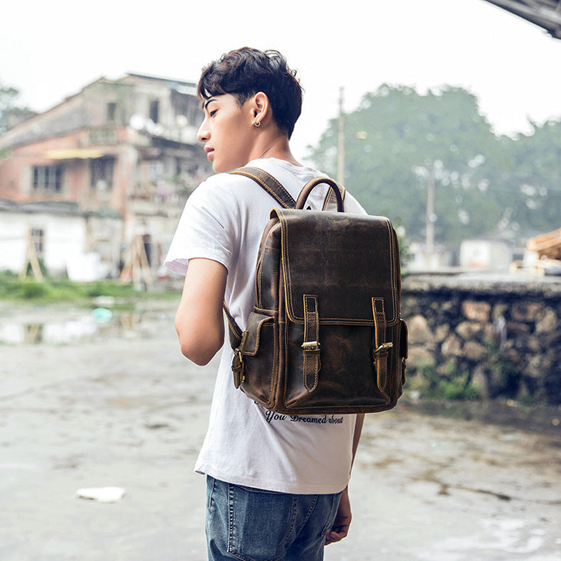 メンズリュック牛革レトロ韩国ファッション個性戸外旅行カジュアル男性パソコンバッグ