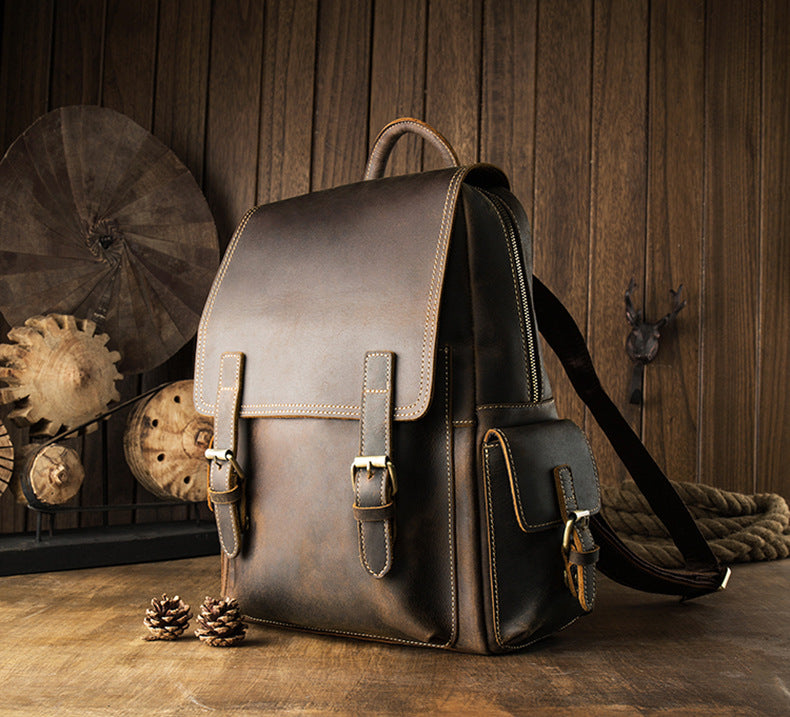 メンズリュック牛革レトロ韩国ファッション個性戸外旅行カジュアル男性パソコンバッグ