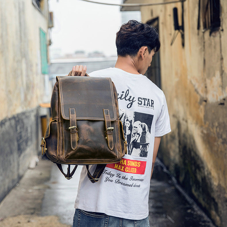 メンズリュック牛革レトロ韩国ファッション個性戸外旅行カジュアル男性パソコンバッグ