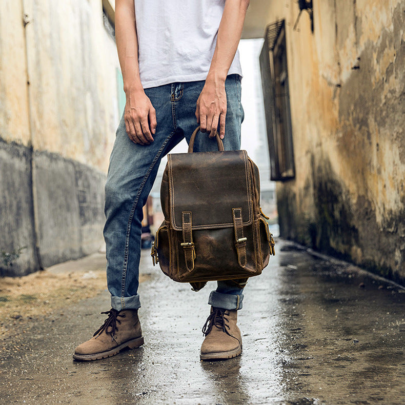 メンズリュック牛革レトロ韩国ファッション個性戸外旅行カジュアル男性パソコンバッグ