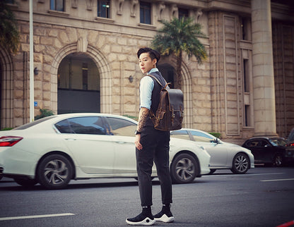 メンズリュック牛革レトロ韩国ファッション個性戸外旅行カジュアル男性パソコンバッグ