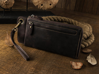 メンズ長財布手作業牛皮本革製クレイジー・ホースレトロカードバッグ大容量ファスナー男性用ウォレット携帯電話バッグ