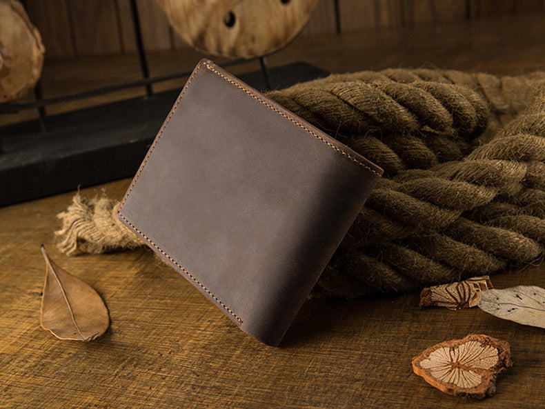 メンズ短財布 牛皮本革製 クレイジー・ホース オリジナル 手作業 レトロ 韩国ファッション男性用ウォレット