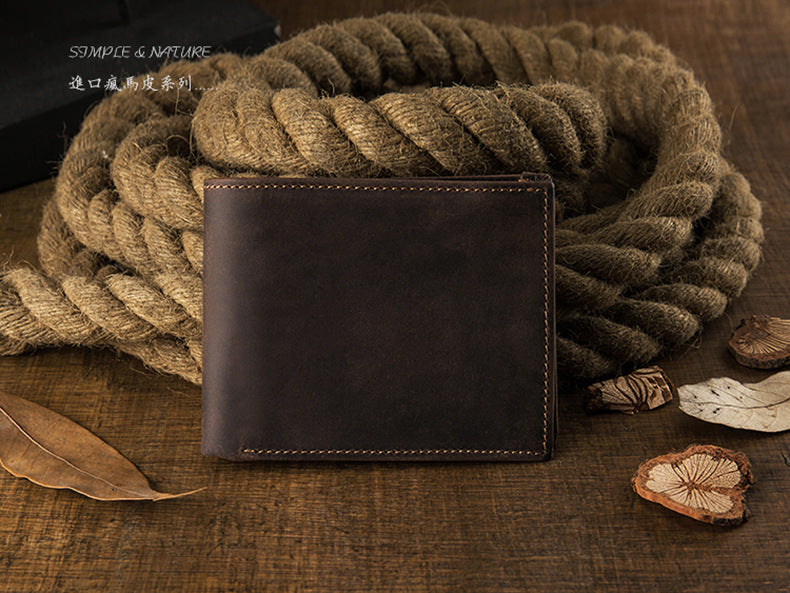 メンズ短財布 牛皮本革製 クレイジー・ホース オリジナル 手作業 レトロ 韩国ファッション男性用ウォレット