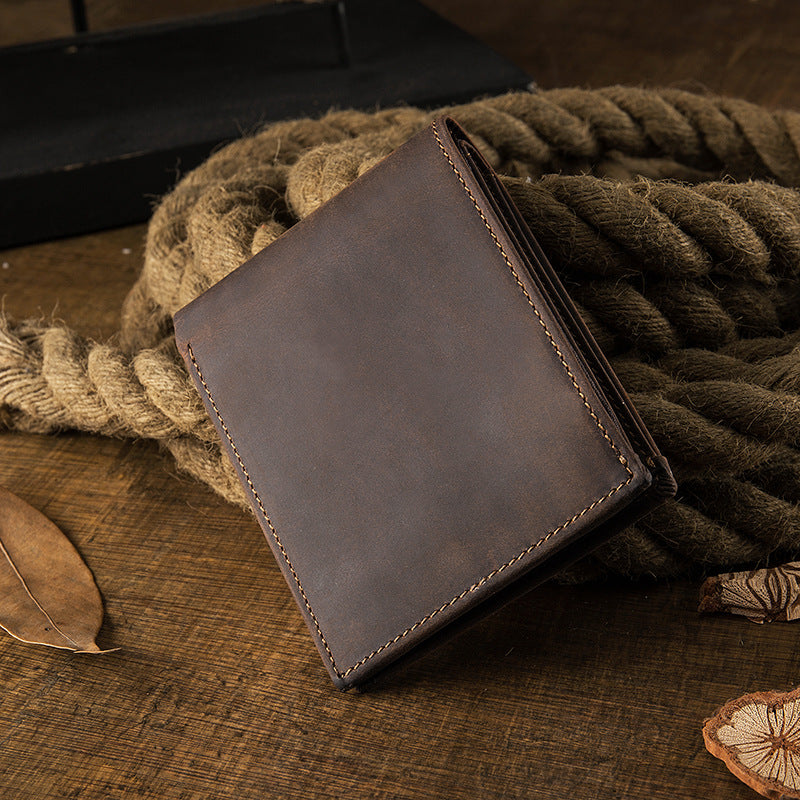 メンズ短財布 牛皮本革製 クレイジー・ホース オリジナル 手作業 レトロ 韩国ファッション男性用ウォレット